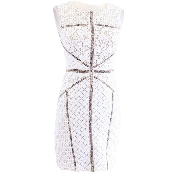 BCBG Max Azria Andreea Ivory Block Lace Illusion Cheetah Trim Sheath Dress Sz 6 - Picture 2 of 11